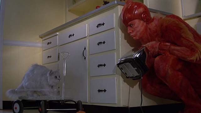 Earth Girls Are Easy - white Angora cat Bambi in litter box with Wiploc Jim Carrey holding toaster