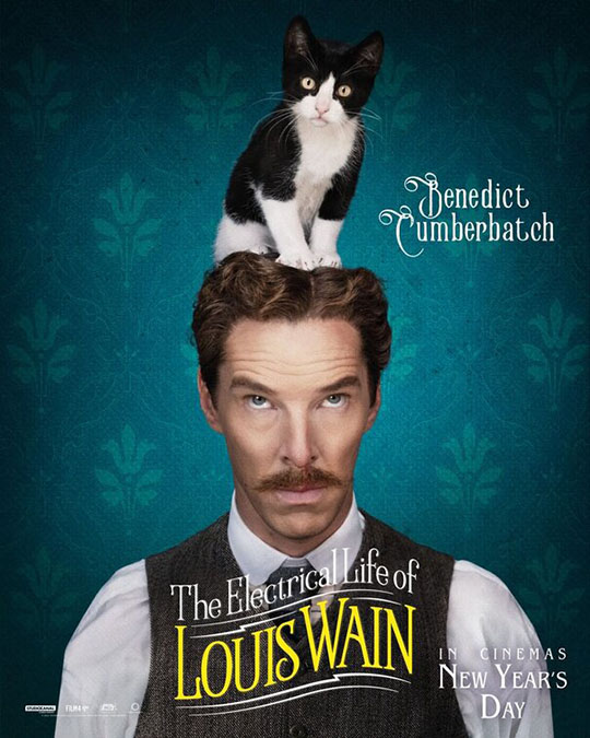 The Electrical Life of Louis Wain - Louis Benedict Cumberbatch with tuxedo cat Peter on his head movie poster