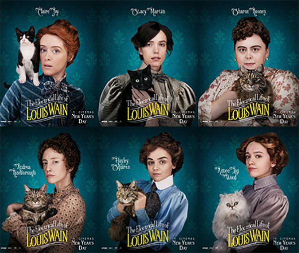 The Electrical Life of Louis Wain - composite of movie posters with female stars of film posing with cats