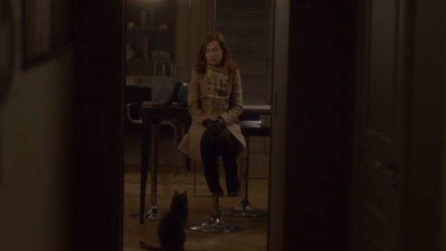 Elle - Mich&egrave;le Isabelle Huppert sitting with gray cat Marty