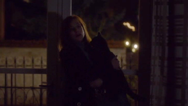 Elle - gray cat Marty jumping into Mich&egrave;le Isabelle Huppert's arms