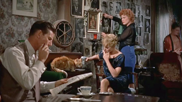 Elmer Gantry - ginger tabby cat drinking milk from dish with Lulu Shirley Jones and prostitutes around radio