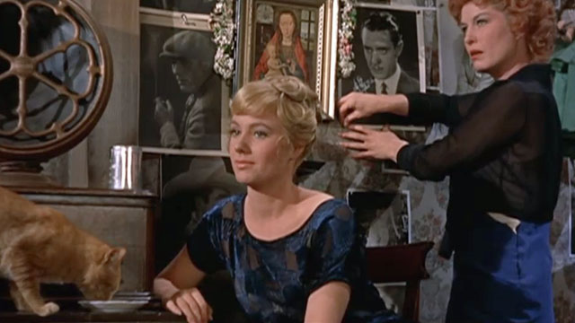 Elmer Gantry - ginger tabby cat drinking milk from dish with Lulu Shirley Jones near radio