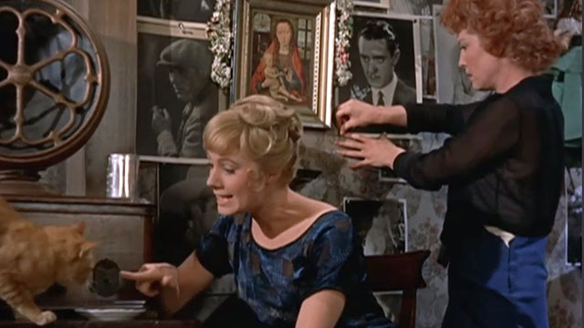 Elmer Gantry - ginger tabby cat drinking milk from dish with Lulu Shirley Jones pointing finger