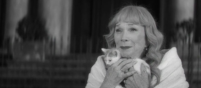 Elsa and Fred - Shirley Maclaine holding ginger and white kitten in black and white