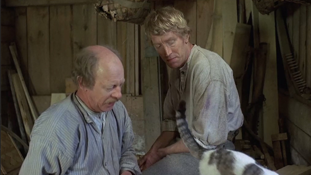 The Emigrants - Karl Max von Sydow and Nils Sven-Olof Bern watching white cat with tabby markings walking away