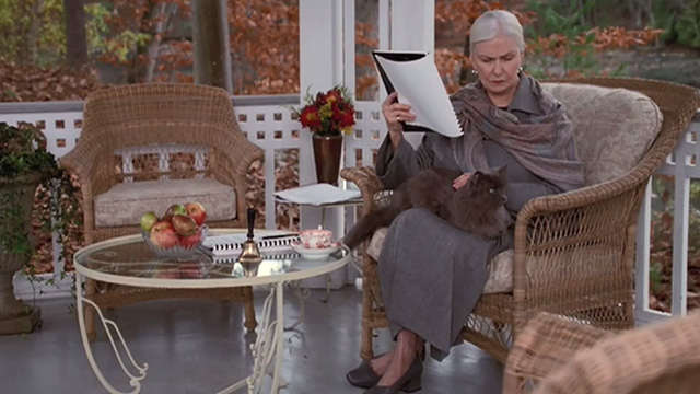 Empire Falls - long haired gray cat Timmy sitting in Francine Joanne Woodward lap in gazebo