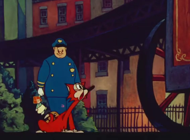 The Enchanted Square - orange cartoon cat with cream markings in front of policeman