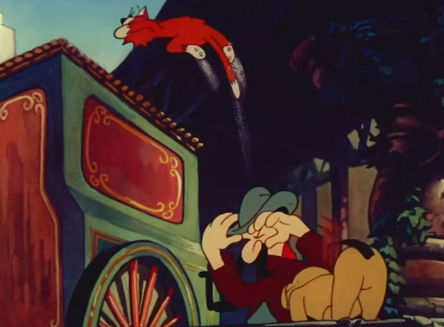 The Enchanted Square - orange cartoon cat with cream markings leaping from organ grinder with dog behind