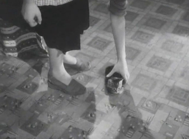 The End of the Road - Molly Naomi chance reaching down to pick up tabby kitten from kitchen floor