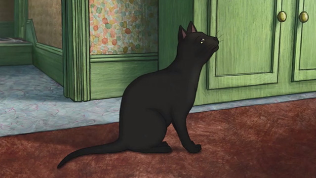 Ethel & Ernest - black cat Susie looking up with concern