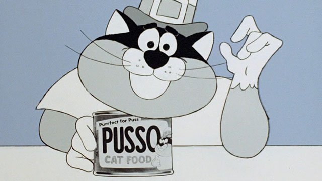 Every Home Should Have One - cartoon black and white cat promoting Pusso Cat Food