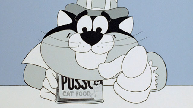 Every Home Should Have One - cartoon black and white cat promoting Pusso Cat Food pointing to camera