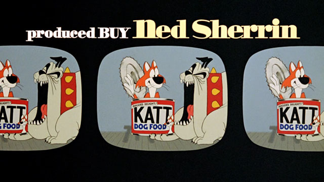 Every Home Should Have One - cartoon orange and white cat inside tin of Katt Dog Food with bulldog