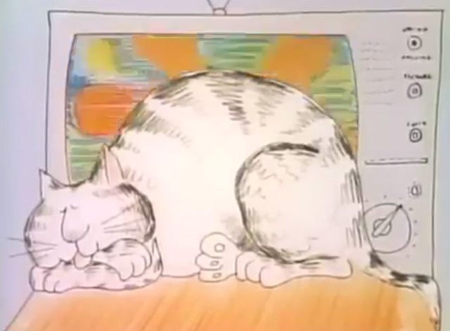 Everything You Need to Know About Cats - cartoon cat sleeping in front of television set