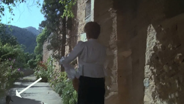Evil Under the Sun - cat running away from Daphne Castle Maggie Smith outside hotel
