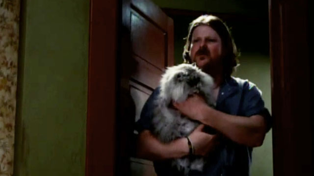 Extreme Dating - A.J. John DiMaggio holding longhair silver tabby Chinchilla Persian Boogie