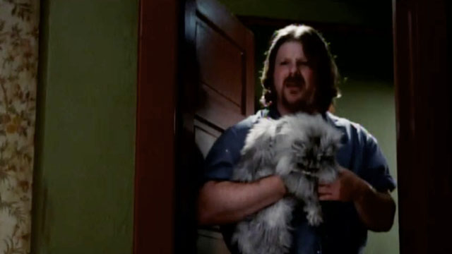 Extreme Dating - A.J. John DiMaggio holding longhair silver tabby Chinchilla Persian Boogie