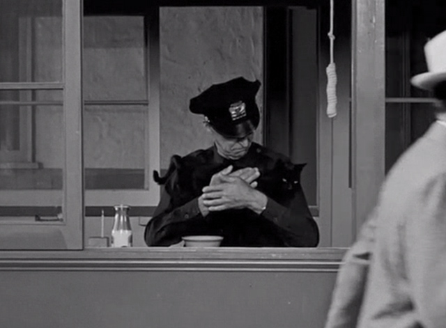 The Falcon in Hollywood - studio watchman Ed Johnson Walter Soderling holding black cat in booth