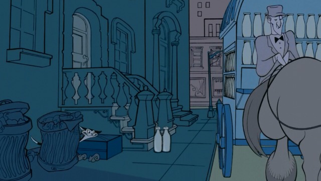 Fantasia 2000 - black and white cat watches milkman pull away