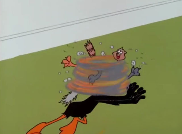Fast Buck Duck - Daffy Duck running with a whirlwind of cartoon cats spinning around his head