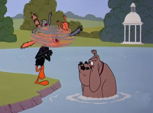 Fast Buck Duck - Daffy Duck by pond with whirlwind of cartoon cats spinning around his head and Hector bulldog in pond