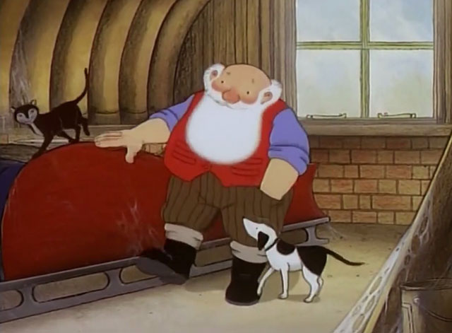 Father Christmas - with pets black cat and dog looking at sleigh