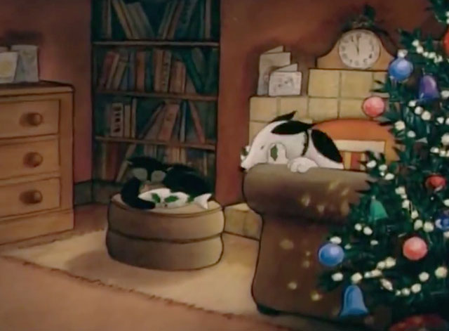 Father Christmas - pets black cat and dog with fish and bone