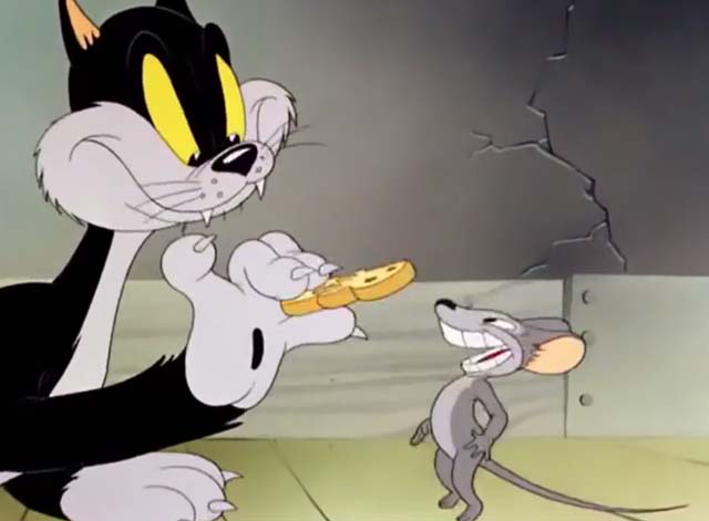 The Fifth-Column Mouse - black and white cat waving cheese in front of mouse