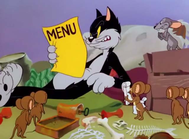 The Fifth-Column Mouse - black and white cat looking at menu surrounded by mice