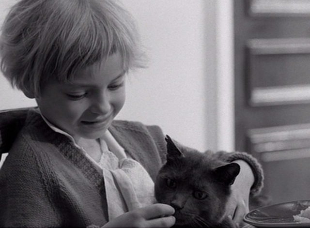 The Fire Within - little girl feeding gray cat at table