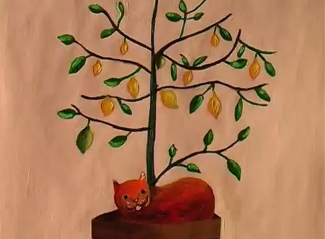 Fiumana - cartoon orange cat sitting beneath a lemon tree