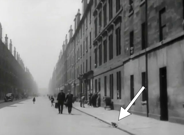 Floodtide - cat eating in gutter as David Gordon Jackson and Brogan Jimmy Logan approach