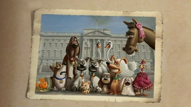 Flushed Away - animated photo of British Royalty pets including Siamese cats and ginger tabby kitten