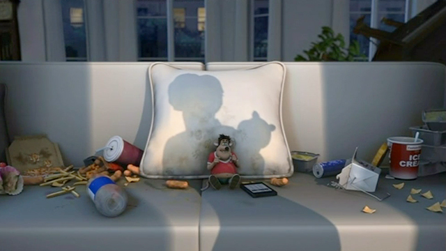 Flushed Away - shadow of little girl and cat falling over Sid on couch