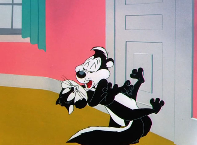 For Scent-imental Reasons - cartoon black and white cat Penelope being wooed by skunk Pepé Le Pew