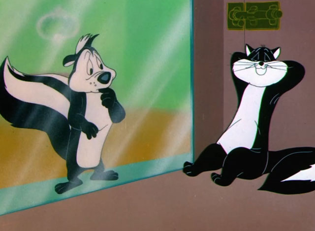 For Scent-imental Reasons - cartoon black and white cat Penelope inside cabinet behind glass from skunk Pepé Le Pew