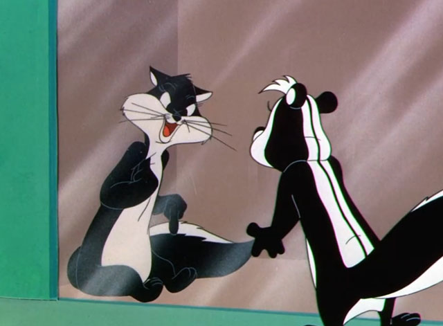 For Scent-imental Reasons - cartoon black and white cat Penelope scolding skunk Pepé Le Pew from behind glass