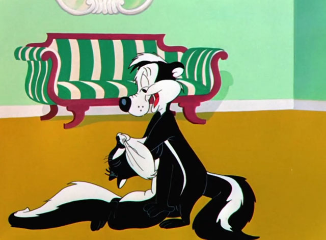 For Scent-imental Reasons - cartoon black and white cat Penelope being held by skunk Pepé Le Pew