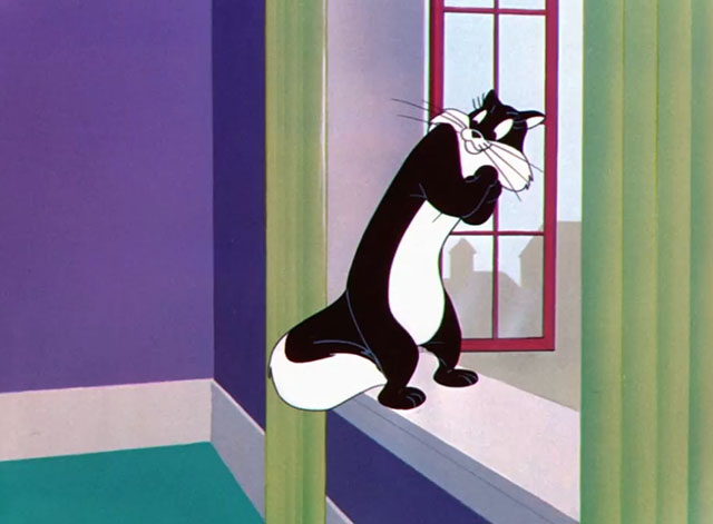 For Scent-imental Reasons - cartoon black and white cat Penelope standing on window sill
