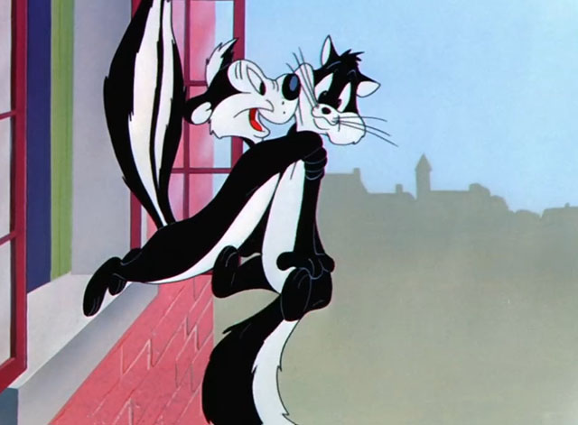 For Scent-imental Reasons - cartoon black and white cat Penelope being hugged by skunk Pepé Le Pew outside window