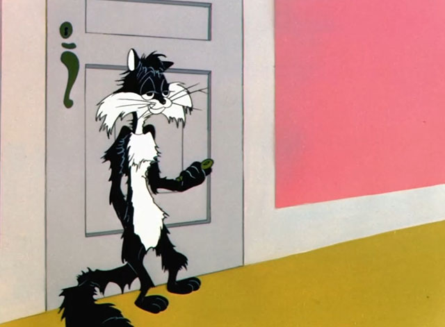 For Scent-imental Reasons - cartoon bedraggles black and white cat Penelope leaning against door