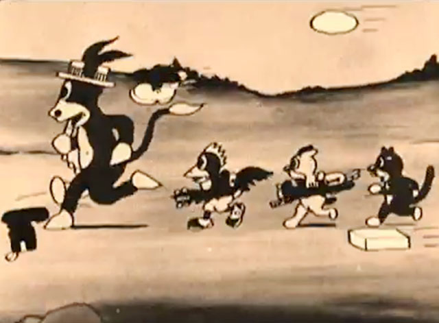The Four Musicians of Bremen - donkey, dog, rooster and black cartoon cat running away from thrown objects