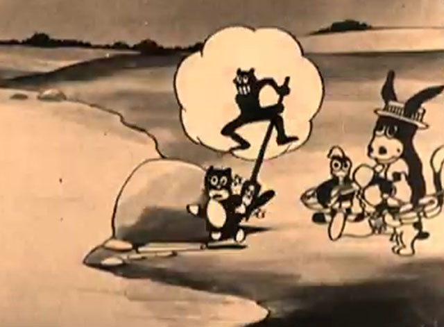 The Four Musicians of Bremen - donkey, dog, rooster sitting by lake with black cartoon cat being poked by hunger pangs