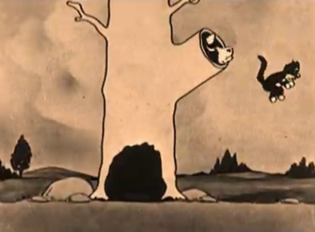 The Four Musicians of Bremen - black cartoon cat jumping from tree trunk