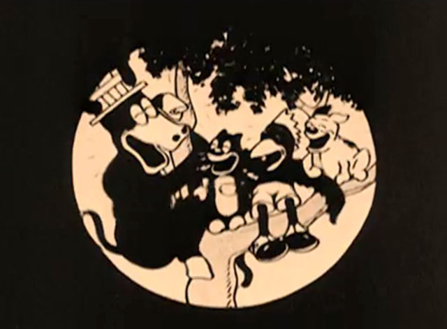 The Four Musicians of Bremen - donkey, dog, rooster and black cartoon cat laughing while sitting in tree