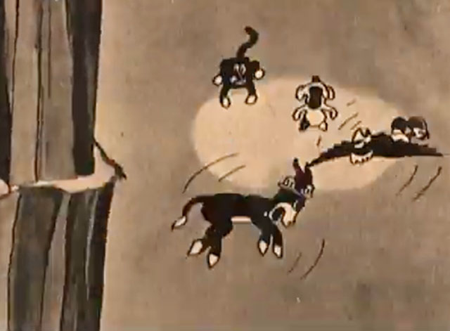 The Four Musicians of Bremen - donkey, dog, rooster and black cartoon cat falling off cliff