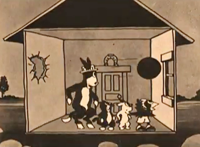 The Four Musicians of Bremen - donkey, dog, rooster and black cartoon cat in house being hit by cannonballs