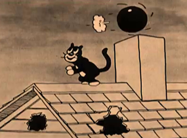 The Four Musicians of Bremen - black cartoon cat on roof ducking under flying cannonball