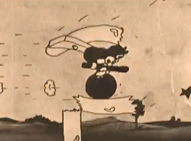 The Four Musicians of Bremen - black cartoon cat crashing through telephone pole while riding cannonball